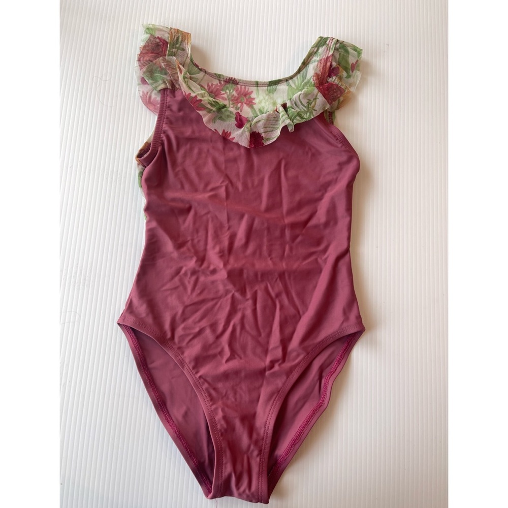 Dusty pink leo with floral mesh ruffle